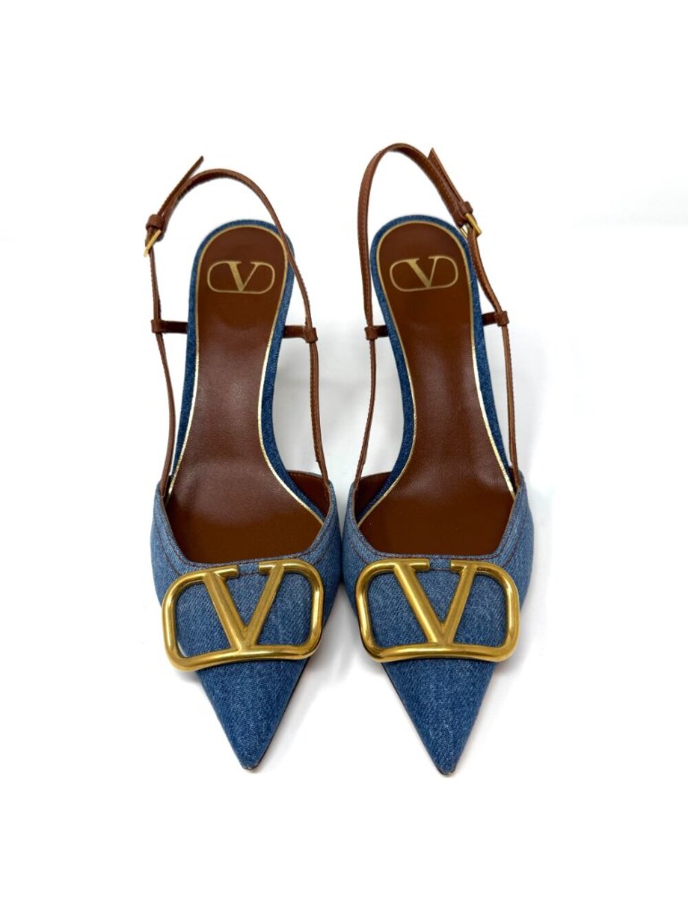 VALENTINO Garavani V Logo Gold & Denim Selleria Slingback Pumps Sz 39 - Picture 3 of 11